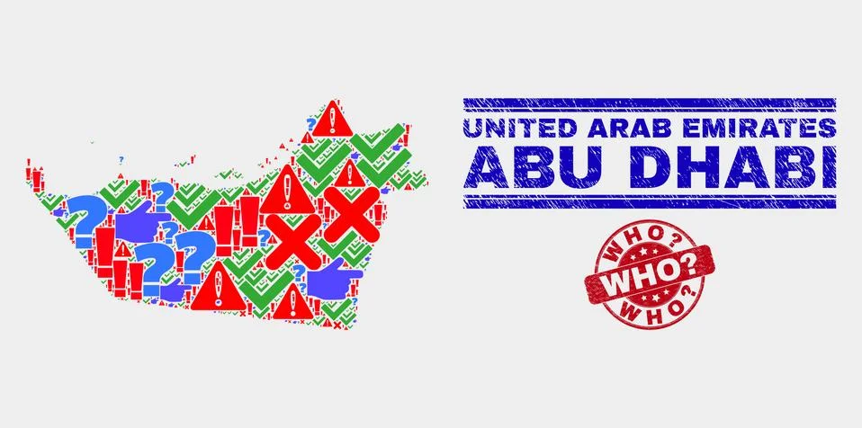 Collage of Abu Dhabi Emirate Map Sign Mosaic and Distress Who? Stamp Stock Illustration