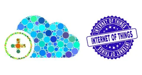 Collage Add Cloud Icon with Textured Internet of Things Seal Stock Illustration