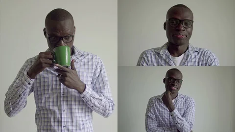 Collage of Afro-american man looking at camera, drinking Stock Footage 110505445