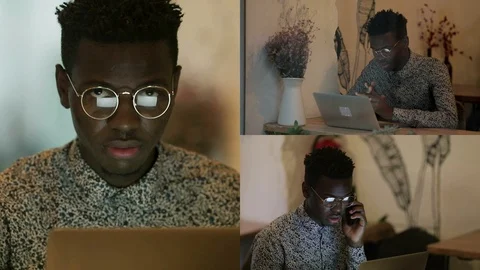 Collage of Afro-american man typing on laptop, talking on phone Stock Footage 106750855