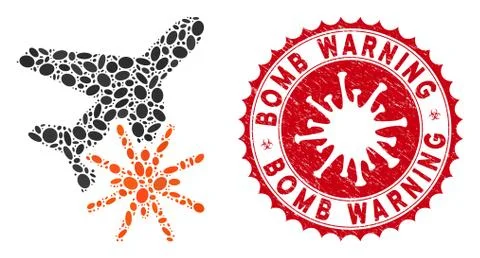 Collage Aiplane Explosion Icon with Coronavirus Grunge Bomb Warning Stamp 스톡 일러스트