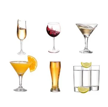 Collage of alcohol drinks. isolated on white Stock Photos