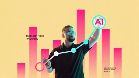 Collage with analyst using AI data visualization for market growth 스톡 사진