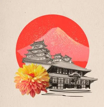 A collage and photo manipulation work of a Japanese traditional travel dest.. Ilustração Stock