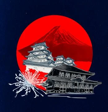 A collage and photo manipulation work of a Japanese traditional travel dest.. Ilustração Stock