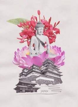 A collage and photo manipulation work of a Japanese traditional travel dest.. Ilustração Stock