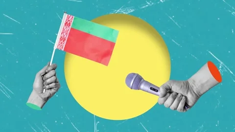 Collage art, collage of a hand holding the flag of Belarus, microphone in t.. Stock Footage 304350179