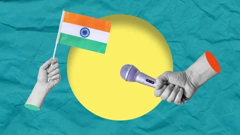 Collage art, collage of hand holding Indian flag, microphone in other hand. Stock Footage 304977295