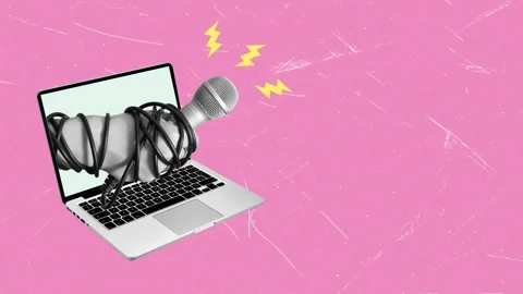 Collage art, a hand with a microphone protruding from a laptop against a pi.. Stock Footage 303915656