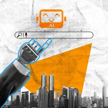Collage art representing an AI search engine with a robotic hand pointing a.. Stock-Illustration
