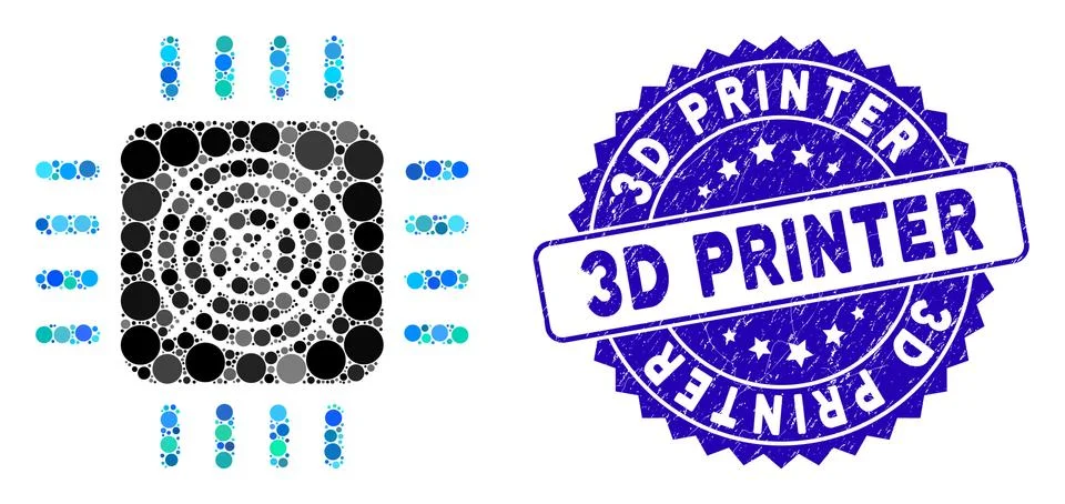 Collage ASIC Processor Icon with Grunge 3D Printer Seal Stock Illustration