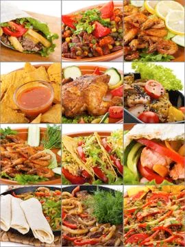 Collage of assorted meat or fish dishes closeup Stock Photos