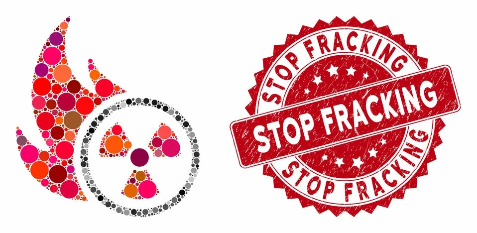 Collage Atomic Fire with Textured Stop Fracking Stamp Illustrazione stock