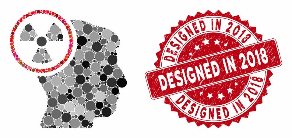 Collage Atomic Thinking Head with Scratched Designed in 2018 Stamp Stock Illustration