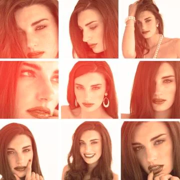 Collage of attractive brunette with red lipstick in sepia Stock Photos