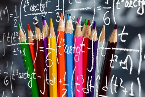 Collage of Back to school background is consisted to colorful pencils and math Stock Photos