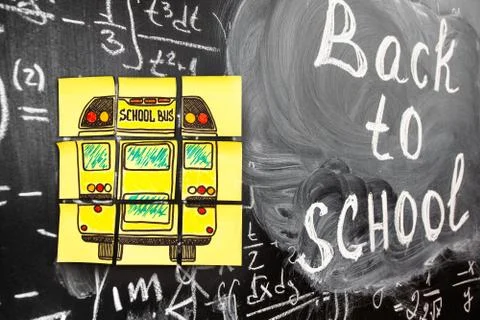 Collage of Back to school background with title Back to school and school bus Stock Photos