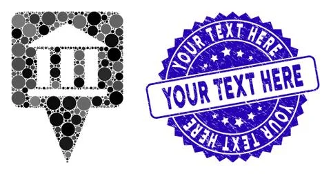 Collage Bank Building Pointer Icon with Textured Your Text Here Stamp Ilustración de archivo
