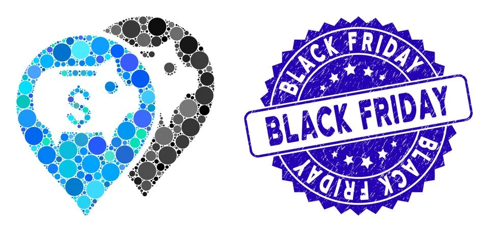 Collage Bank Map Pointers Icon with Grunge Black Friday Seal Illustrazione stock