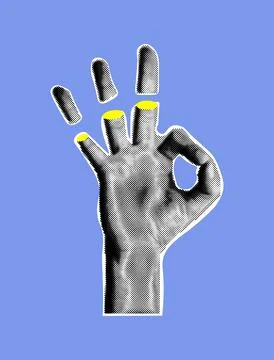 Collage banner with halftone effect hand with gesture ok. Ripped off finger.. Stock-Illustration