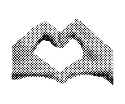 Collage banner with halftone effect hands showing heart gesture. Feelings a.. Stock Illustration
