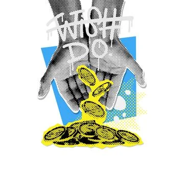Collage banner with vector halftone effect hands holding money. Textured vintage Stock Illustration