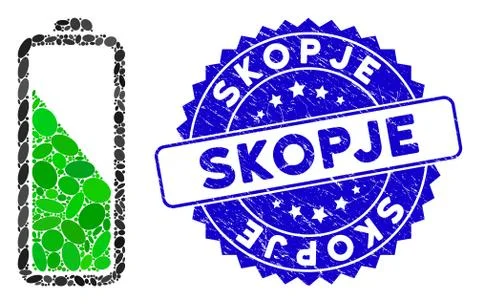 Collage Battery Level Icon with Textured Skopje Stamp Stock Illustration