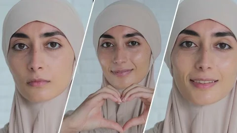 A collage with a beautiful model of Arab appearance in a traditional hijab with Stock Footage 205587162