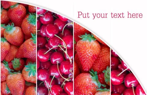 Collage from berries. Composition of fresh soft fruit images. cherries and Fotos Stock