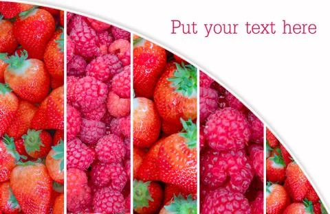Collage from berries. Composition of fresh soft fruit images. Raspberries and Stock Photos