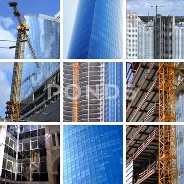 Collage of big construction Stock Photos