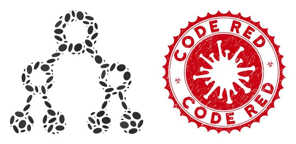 Collage Binary Tree Icon with Coronavirus Textured Code Red Stamp Stock Illustration