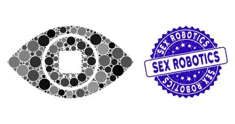 Collage Bionic Eye Lens Icon with Scratched Sex Robotics Seal Stock Illustration