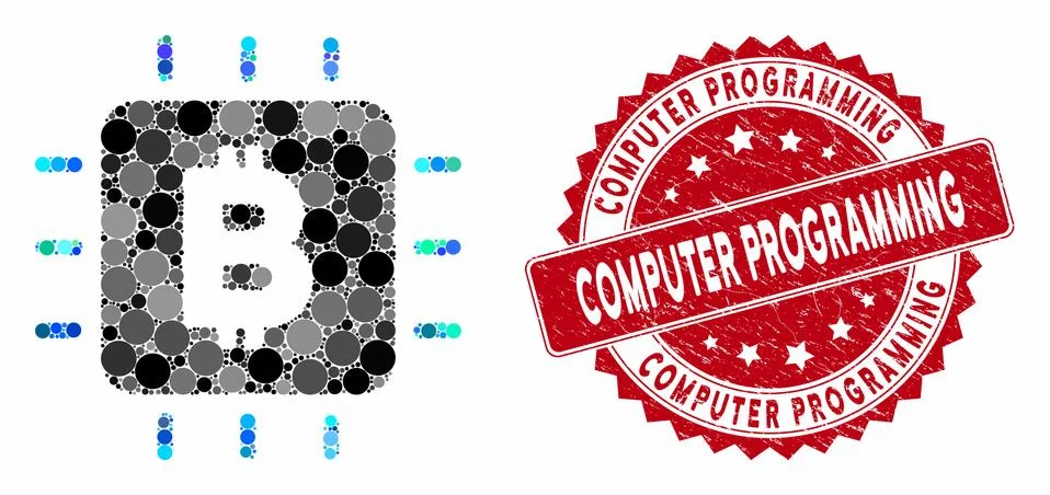 Collage Bitcoin Chip with Scratched Computer Programming Stamp 스톡 일러스트