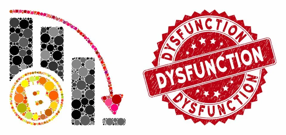 Collage Bitcoin Falling Acceleration Chart with Scratched Dysfunction Stamp Stock Illustration