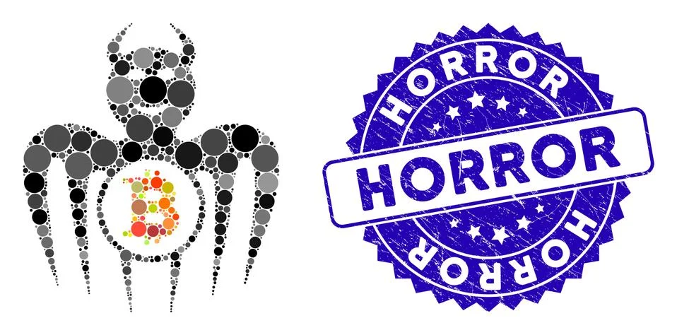 Collage Bitcoin Happy Spectre Devil Icon with Distress Horror Seal 库存插图