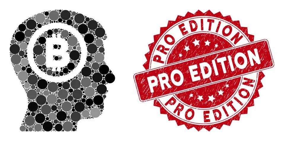 Collage Bitcoin Thinking Head with Textured Pro Edition Seal Stock Illustration