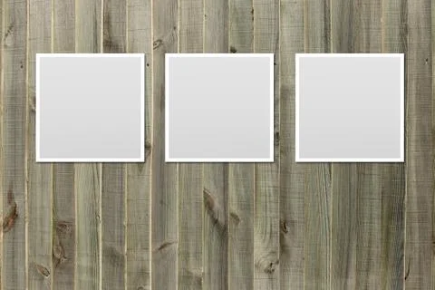 Collage of blank photo frames on old woodedn backgfround. Stock-Fotos