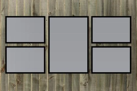 Collage of blank photo frames on old woodedn backgfround. Stock-Fotos