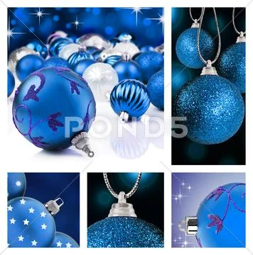 Collage of blue christmas decorations on different backgrounds Stock Photos