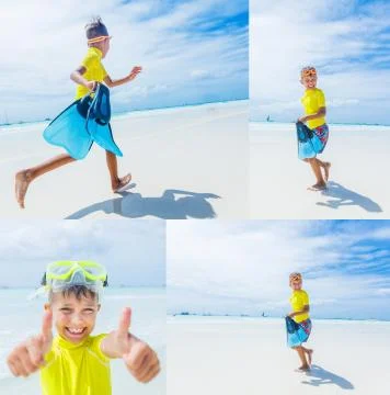 Collage of Boy having fun on tropical ocean beach. Kid during family sea 写真素材