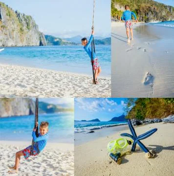 Collage of Boy having fun on tropical ocean beach. Kid during family sea 写真素材