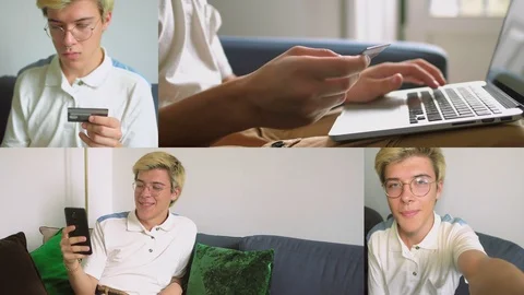 Collage of boy having video chat, paying with credit card 動画素材 105102916