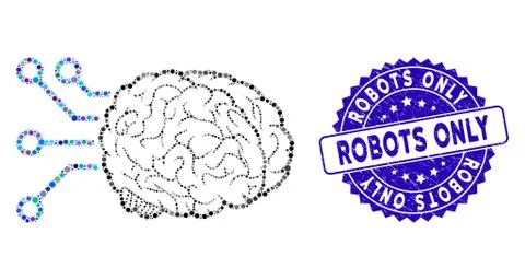 Collage Brain Computer Interface Icon with Grunge Robots Only Stamp Stock Illustration