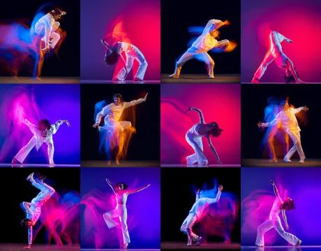 Collage with break dance or hip hop dancers dancing isolated over multicolored Stock Photos