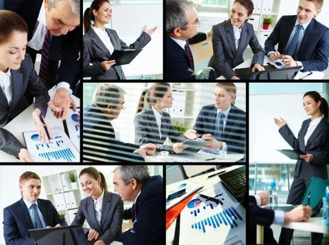 Collage of busy people discussing new project at meeting in office Stock Photos
