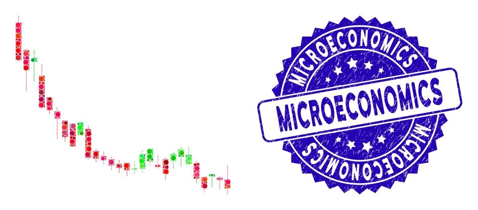 Collage Candlestick Chart Falling Slowdown Icon with Textured Microeconomics Illustrazione stock