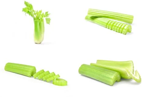 Collage of celery on a white background Foto stock