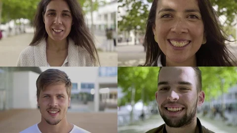 Collage of cheerful people smiling at camera outdoor Stock-Footage 108509260