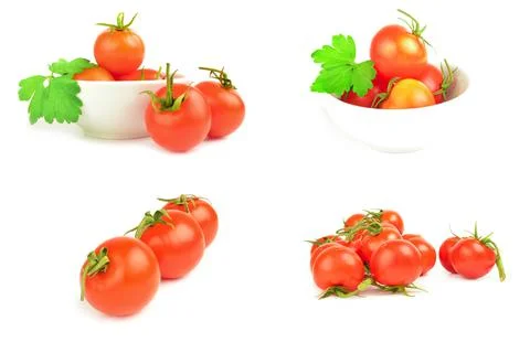 Collage of cherry tomatoes isolated on a white background cutout Stock Photos